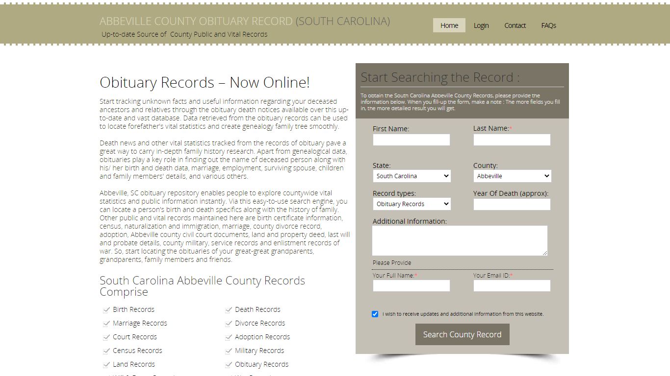 Abbeville County, South Carolina Obituary Death Notice Index